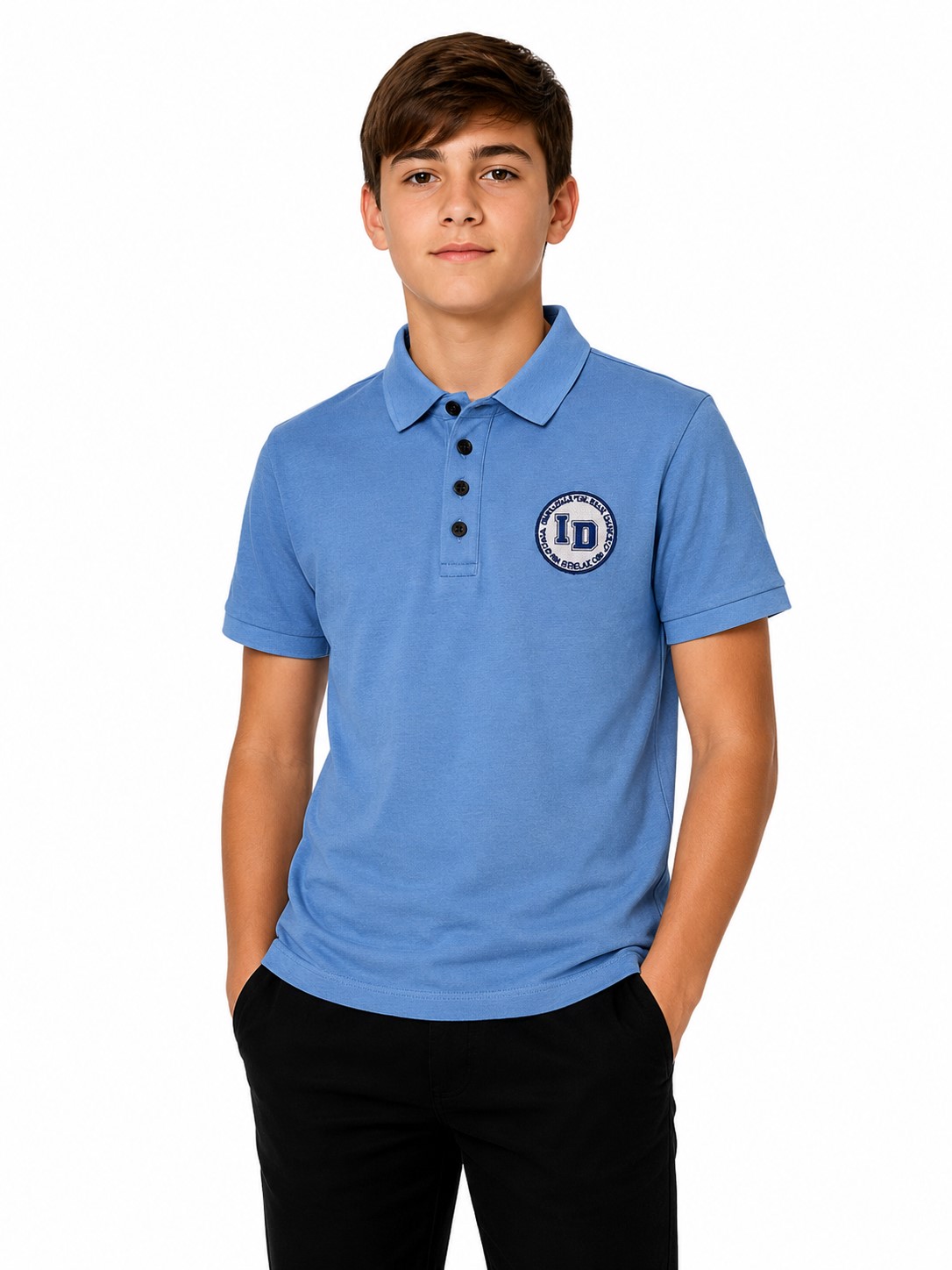 tricou polo scoala gabriel bleu emblema