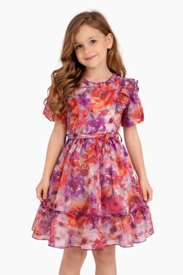 Rochiță fete DARIA imprimeu floral portocaliu cu violet, mama-fiica