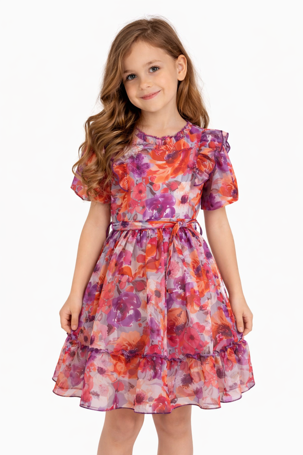 Rochiță fete DARIA cu imprimeu floral portocaliu cu violet