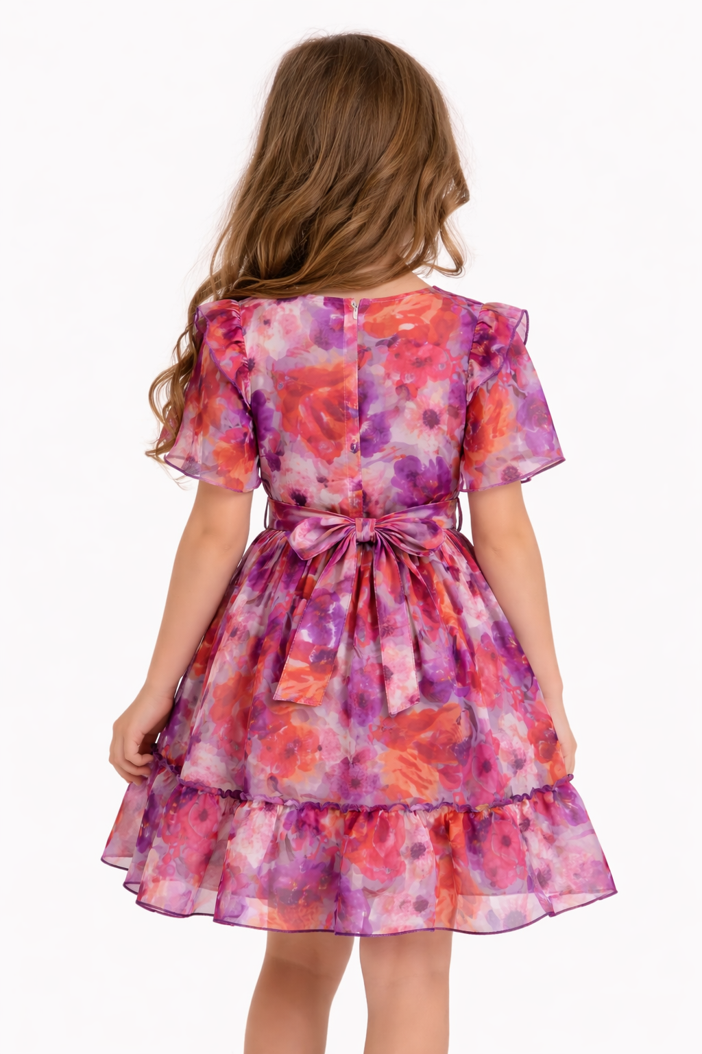 Rochiță fete DARIA cu imprimeu floral portocaliu cu violet1