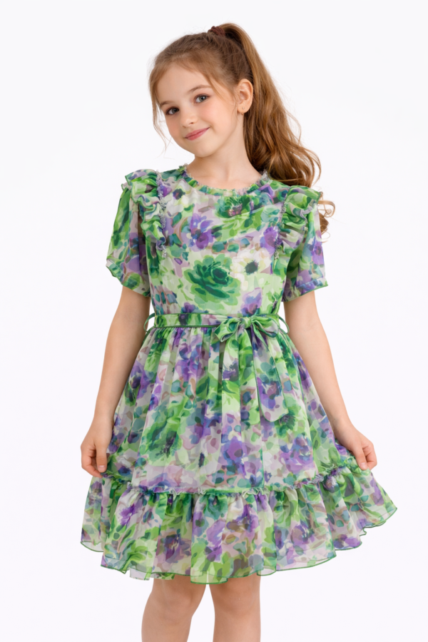 Rochiță fete DARIA cu imprimeu floral verde cu lila, mama-fiica