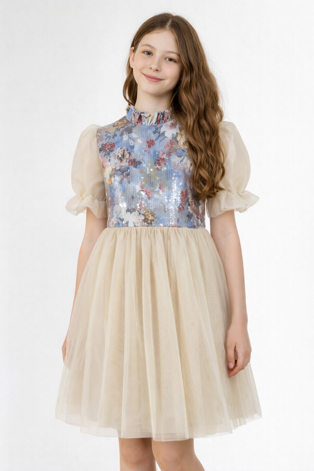 rochie eleganta fete tulle bej