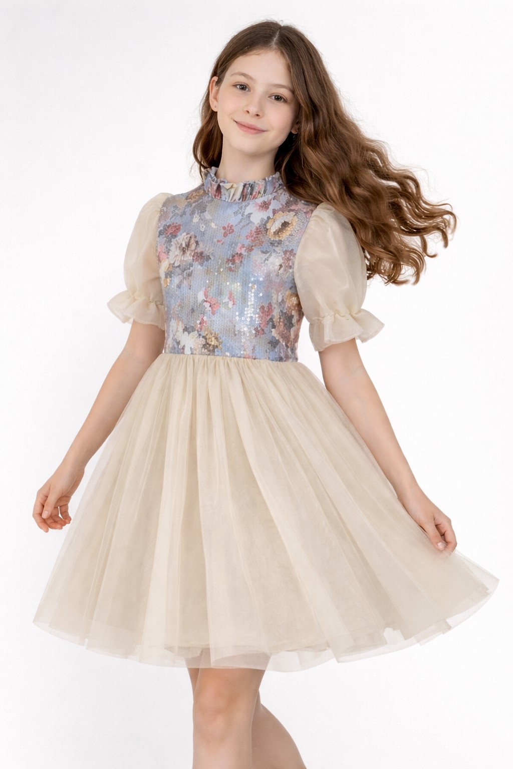 rochie eleganta fete tulle bej3