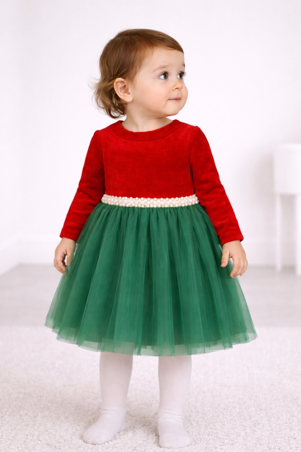 Rochita catifea fete cu maneca lunga VIOLETA rosu cu verde1