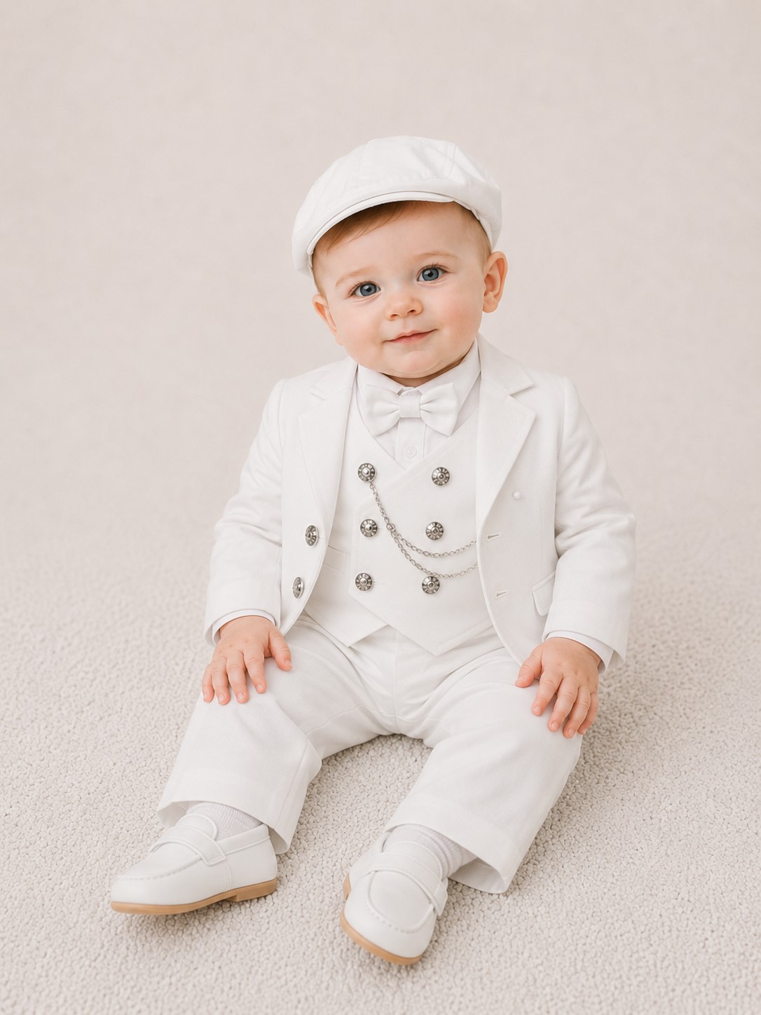 costum botez baieti Tudor alb