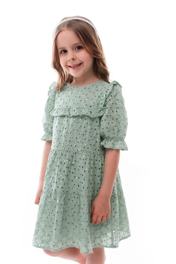 Rochie bumbac brodat fete 3-11 ani verde menta
