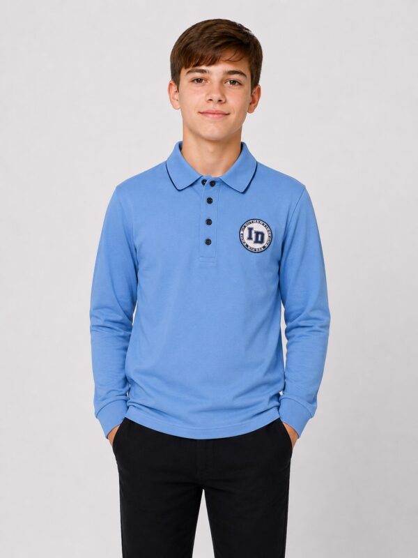 Bluza polo baieti GABRIEL bleu emblema Scoala Semlac