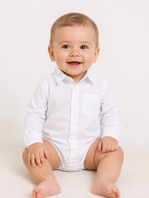 Cămașă body bebe băieți albă cu mânecă lungă