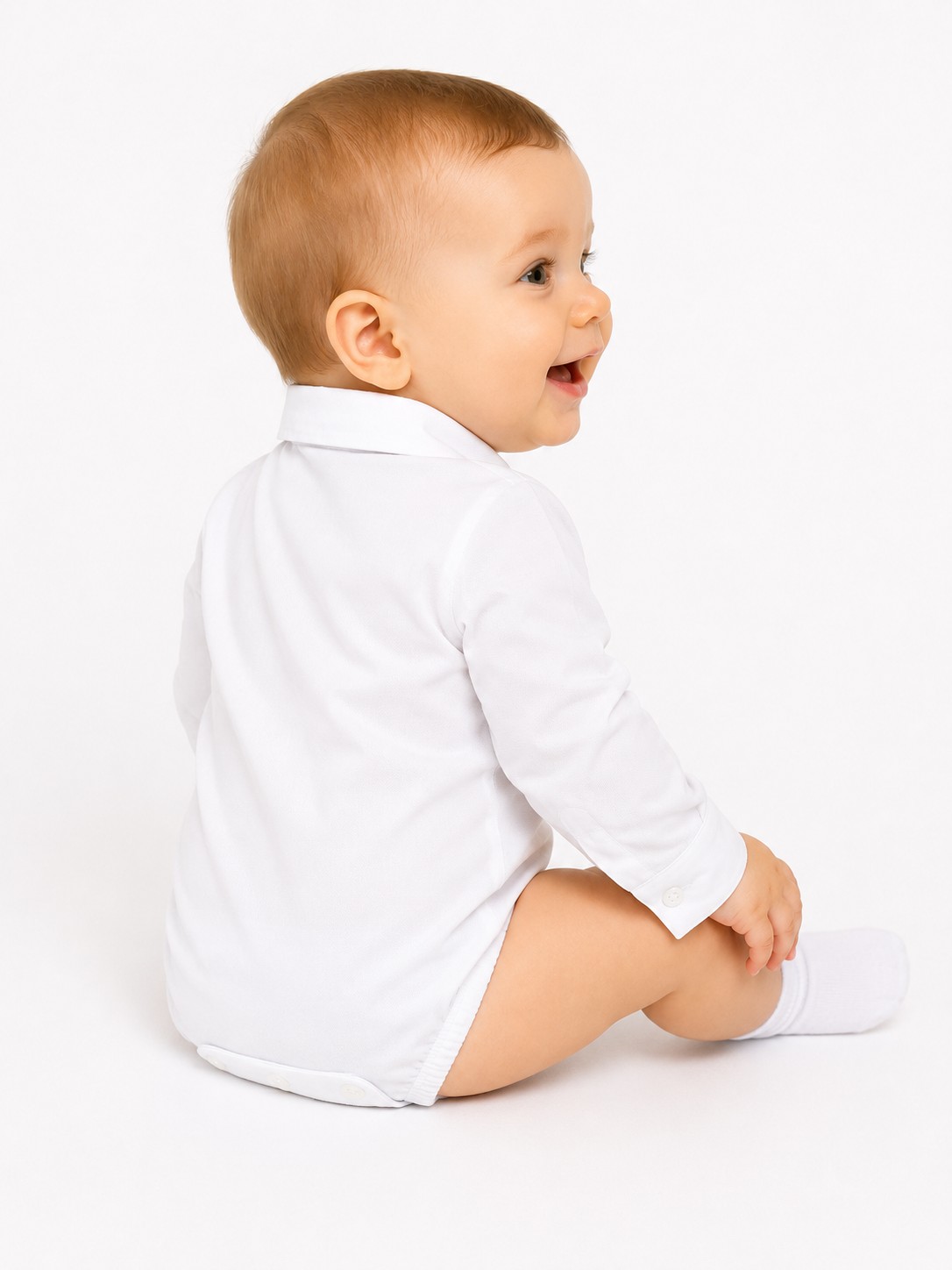 Cămașă body bebe băieți albă cu mânecă lungă