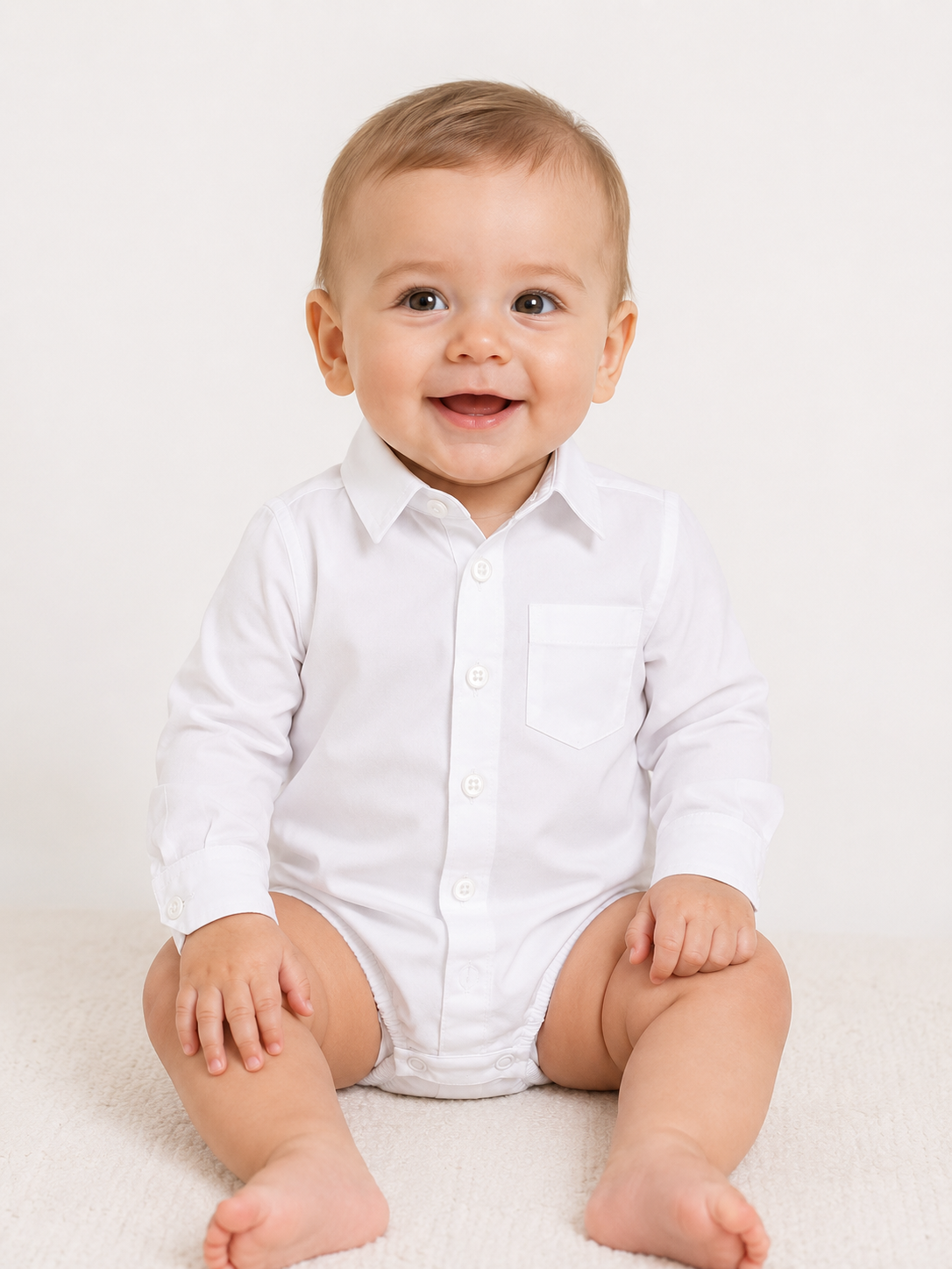 Cămașă body bebe băieți albă cu mânecă lungă
