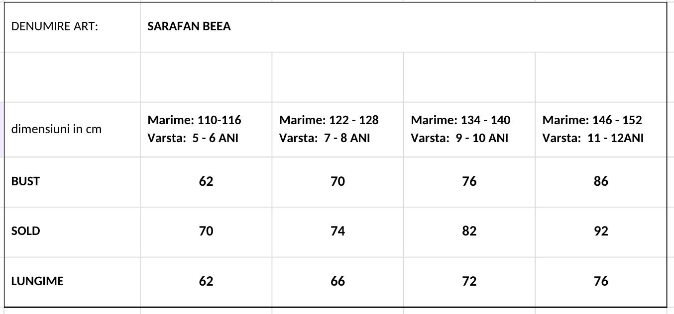 Sarafan scoala fete BEEA tabel marimi