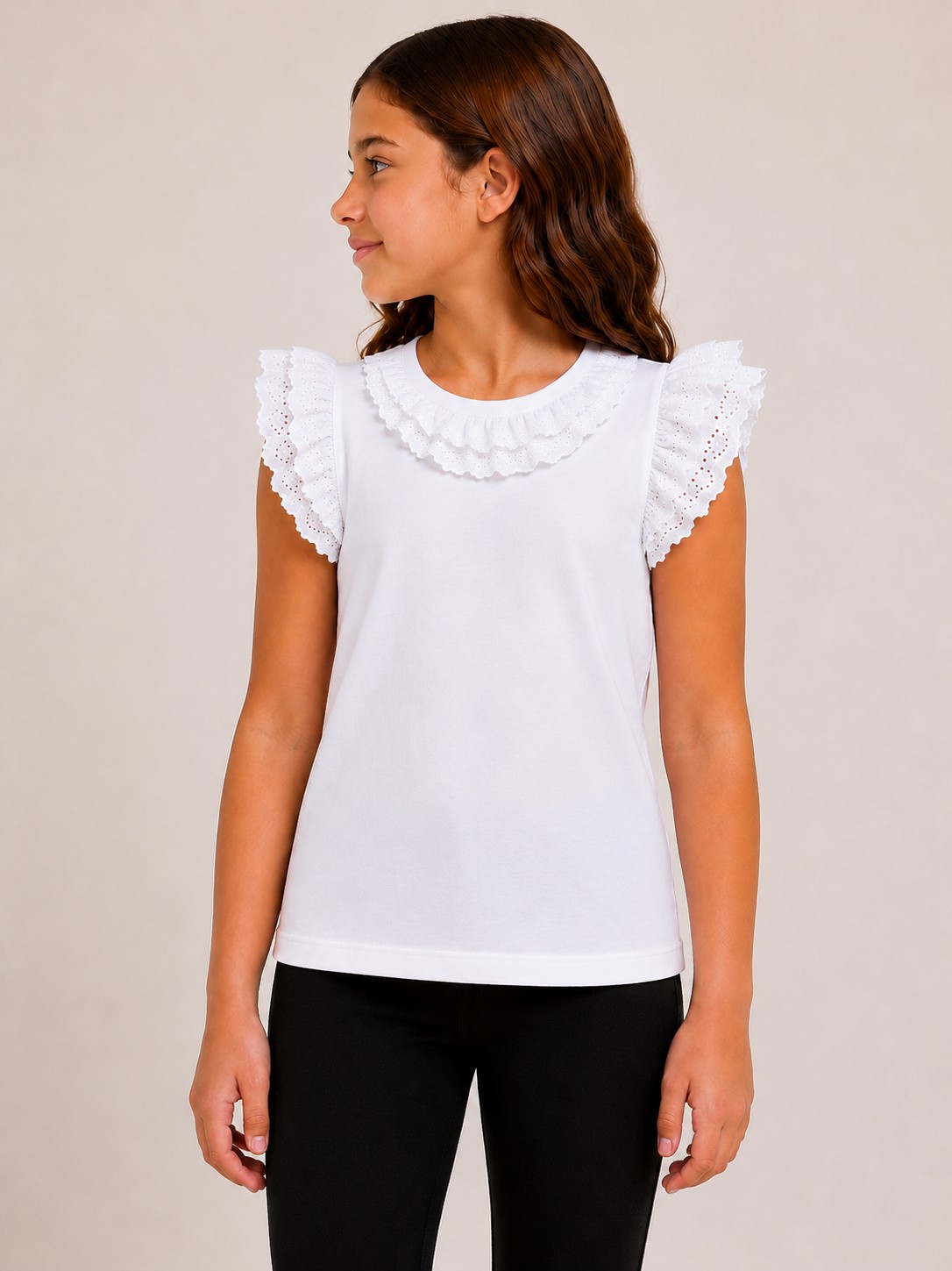 Tricou alb pentru fete cu volane MIRELA 4