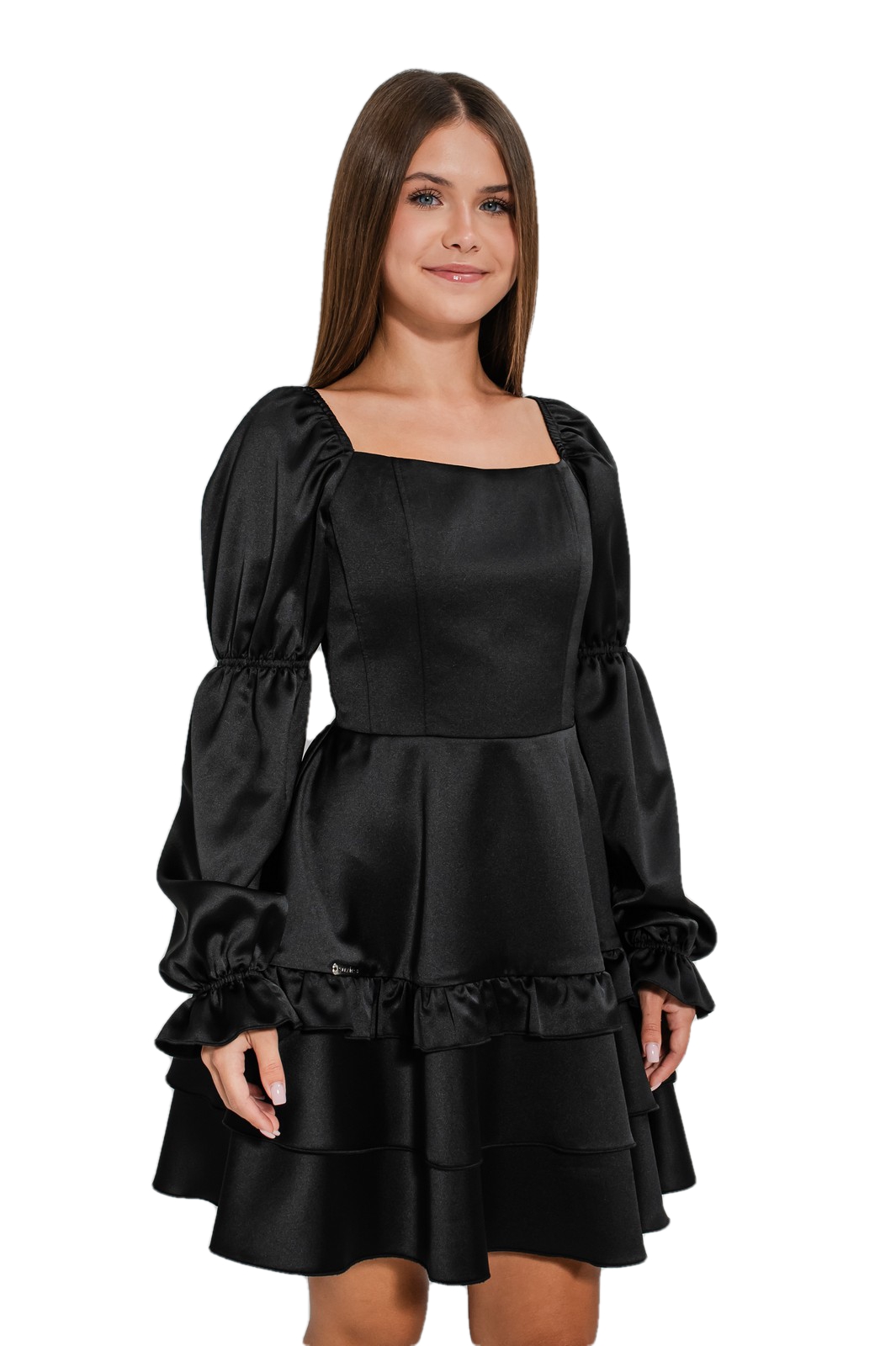 Rochie elegantă fete 11-14 ani Raisa neagră cu volane